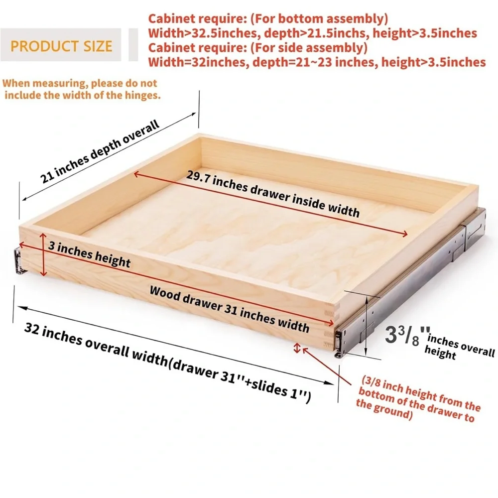 32''W x 21''D x 3''H Pull Out Cabinet Drawer Soft Close Slide Out Wood Organizer